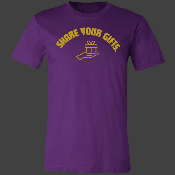 The Share Your Gifts Unisex Royal Tee (with desert gold lettering)