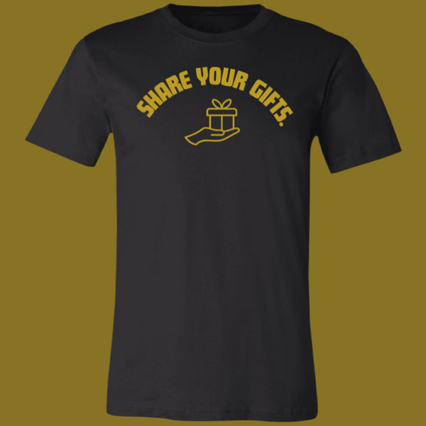 The Share Your Gifts Unisex Royal Tee (with desert gold lettering)