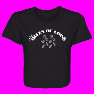 The Queen of Coins Ladies Flowy Crop (with white lettering)