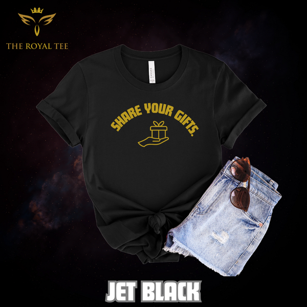 The Share Your Gifts Unisex Royal Tee (with desert gold lettering)