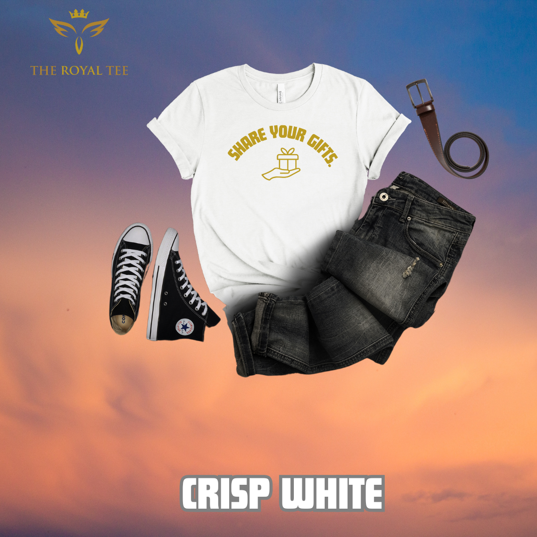 The Share Your Gifts Unisex Royal Tee (with desert gold lettering)