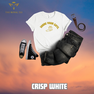The Share Your Gifts Unisex Royal Tee (with desert gold lettering)
